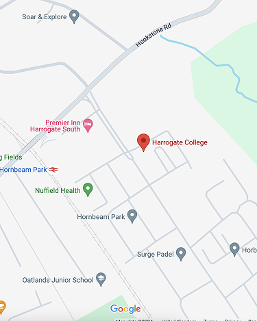 Rectangular map of Harrogate showing Harrogate College with a red pindrop close to Hornbeam Park